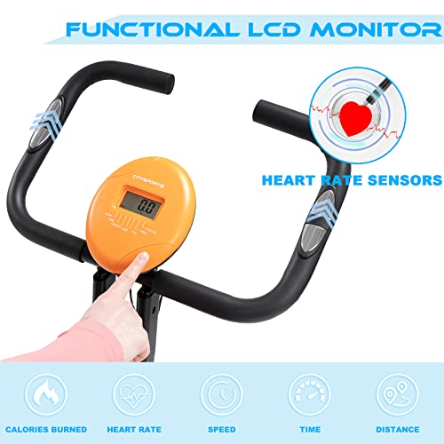 CITYSPORTS Bicicleta Estática Plegable con Respaldo, Bicicleta para Ejercicios Profesional con 8 Niveles de Resistencia, Monitor de Pantalla LCD con Sensor de Frecuencia Cardíaca, D1-1 (‎CS01)