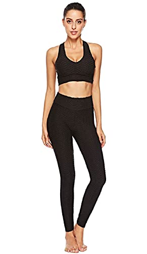CMTOP Leggings Push Up Mujer Mallas Panal Arrugado Pantalones Deportivos Alta Cintura Elásticos Yoga Leggings Mujer Fitness Suaves Elásticos Cintura Alta (Negro, L)