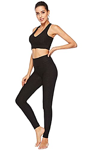 CMTOP Leggings Push Up Mujer Mallas Panal Arrugado Pantalones Deportivos Alta Cintura Elásticos Yoga Leggings Mujer Fitness Suaves Elásticos Cintura Alta (Negro, L)