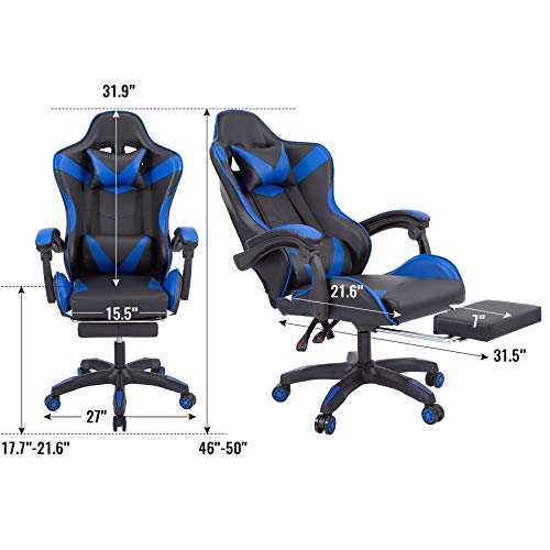 CO-Z Silla Gaming Silla para Juegos con Masaje Silla Ergonómica de Gaming Capacidad de 130KG Silla de Computadora con Reposacabezas Reposabrazos Reposapiés (Azul)