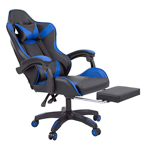 CO-Z Silla Gaming Silla para Juegos con Masaje Silla Ergonómica de Gaming Capacidad de 130KG Silla de Computadora con Reposacabezas Reposabrazos Reposapiés (Azul)