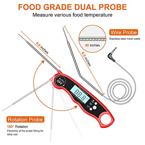 Cocoda Termometro Cocina, 6.5" Sonda Doble y 40" Cable Largo, 2 Segundos Lectura Instantánea, Pantalla LCD Retroiluminada, Termómetro Digital Cocina con Alarma para Barbacoa, Parrilla, Horno, Petróleo