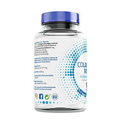 Colágeno con Ácido Hialurónico | Colágeno Marino Hidrolizado| PEPTAN + MSM + Condroitina| Suplemento Natural para un Buen Funcionamiento de las Articulaciones y una Piel Sana| 60 Cápsulas