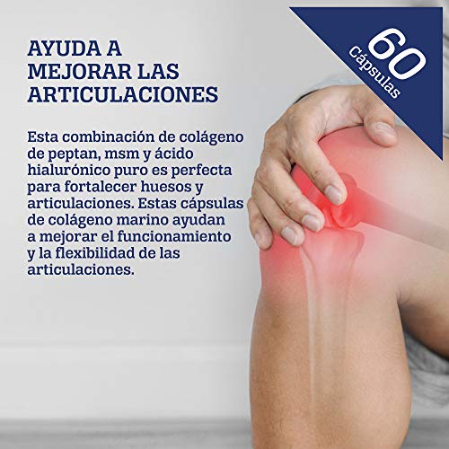 Colágeno con Ácido Hialurónico | Colágeno Marino Hidrolizado| PEPTAN + MSM + Condroitina| Suplemento Natural para un Buen Funcionamiento de las Articulaciones y una Piel Sana| 60 Cápsulas