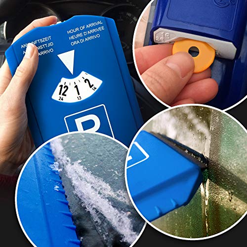 com-four® 1x Disco de estacionamiento con raspador de Hielo - Indicador del horario para el Coche - Parquimetro - Disco de Cuero - Indicador de Hora (01 Pieza - con Chip + Cuchillo perfilado)