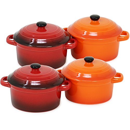 com-four® 4x Cacerola con tapa hecha de cerámica - Cazuela de hierro fundido en naranja y rojo - 300 ml (4 piezas - naranja. rojo)