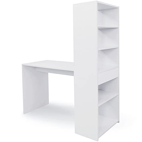 COMIFORT Escritorio Blanco con Estantería - Mesa Escritorio con Librería, Escritorio con Estante Moderno y Minimalista, 4 Baldas Espaciosas de Gran Capacidad, Mesa Escritorio Juvenil o Despacho