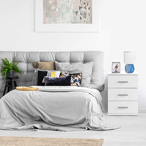 COMIFORT Mesa de Noche - Mesita Auxiliar para el Dormitorio de Estilo Nórdico, Moderna y Minimalista, con 3 Espaciosos Cajones, Muy Resistente, de Color Blanco