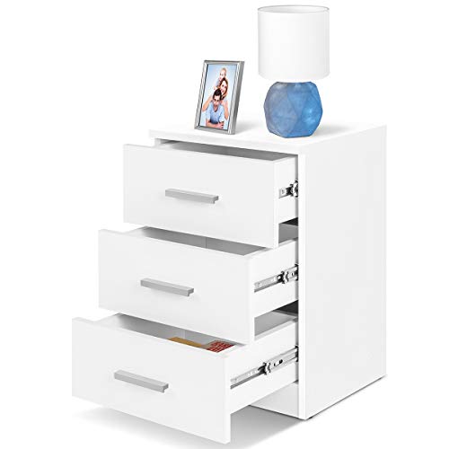 COMIFORT Mesa de Noche - Mesita Auxiliar para el Dormitorio de Estilo Nórdico, Moderna y Minimalista, con 3 Espaciosos Cajones, Muy Resistente, de Color Blanco