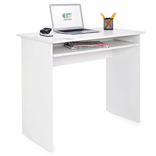 COMIFORT Mesa de Ordenador con Bandeja Extraíble - Escritorio Robusto de Estilo Moderno y Minimalista, para Despacho o Sala de Estudio, Color Blanco