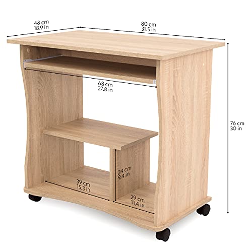 COMIFORT Mesa de Ordenador con Bandeja Extraíble – Escritorio Robusto y Espacioso, Estilo Moderno y Minimalista, Capacidad Almacenaje, Estante y Ruedas, Color Sonoma