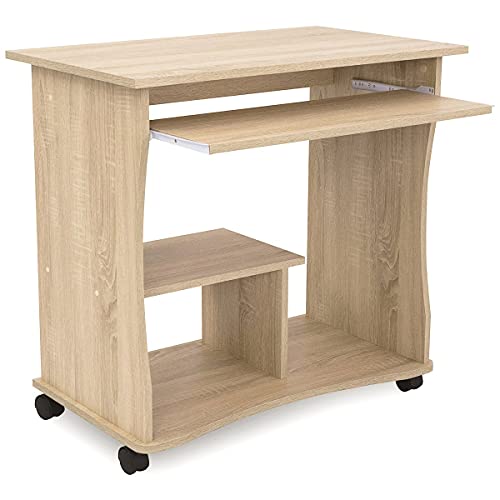 COMIFORT Mesa de Ordenador con Bandeja Extraíble – Escritorio Robusto y Espacioso, Estilo Moderno y Minimalista, Capacidad Almacenaje, Estante y Ruedas, Color Sonoma