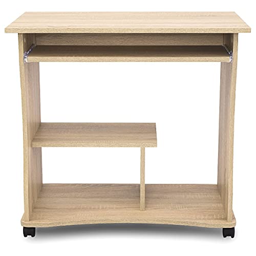 COMIFORT Mesa de Ordenador con Bandeja Extraíble – Escritorio Robusto y Espacioso, Estilo Moderno y Minimalista, Capacidad Almacenaje, Estante y Ruedas, Color Sonoma