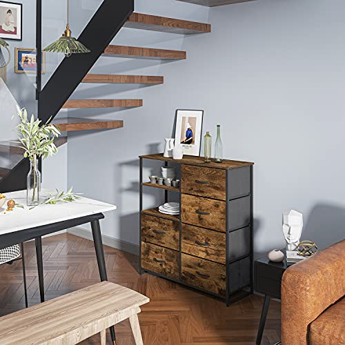 Cómoda con 6 Cajoneras y Estantes Armario Almacenaje Mueble Organizador Vintage Aparadores Multiusos Gabinete de Almacenamiento para Dormitorio Entrada Recibidor Cocina Salon Acero Madera Marrón Negra