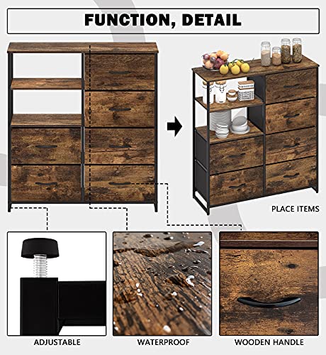 Cómoda con 6 Cajoneras y Estantes Armario Almacenaje Mueble Organizador Vintage Aparadores Multiusos Gabinete de Almacenamiento para Dormitorio Entrada Recibidor Cocina Salon Acero Madera Marrón Negra