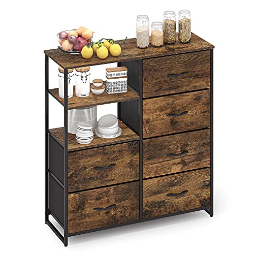 Cómoda con 6 Cajoneras y Estantes Armario Almacenaje Mueble Organizador Vintage Aparadores Multiusos Gabinete de Almacenamiento para Dormitorio Entrada Recibidor Cocina Salon Acero Madera Marrón Negra