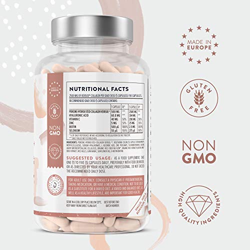 Complejo de Colágeno Hidrolizado Premium – Con Vitamina C, Colageno Acido Hialuronico capsulas , Selenio Zinc, Biotina para el cabello - Vitaminas para el Cabello, Articulaciones, Piel y Uñas