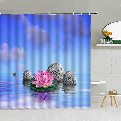 Cortina de Ducha de hidroterapia Zen Agua Yoga, Piedra de Masaje de orquídeas Hoja de bambú de Loto Cortina Impermeable para baño S.2 150x180cm