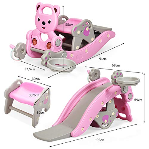 COSTWAY 4 en 1 Juguetes Convertibles con Taburete Extraíble, Balancín y Tobogán y Aro de Baloncesto y Juego de Lanzamiento Adecuado para Niños de Más de 3 Años Color Rosa (Rosa)