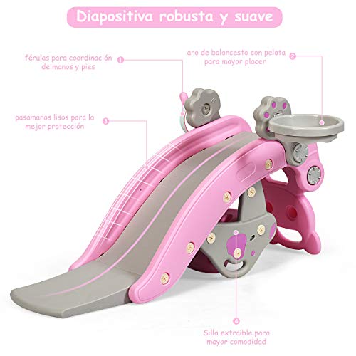 COSTWAY 4 en 1 Juguetes Convertibles con Taburete Extraíble, Balancín y Tobogán y Aro de Baloncesto y Juego de Lanzamiento Adecuado para Niños de Más de 3 Años Color Rosa (Rosa)