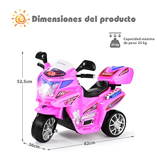 COSTWAY Moto montable para niños, Moto eléctrica Juguete de batería 6 V con música incorporada, focos, función adelante y atrás, Moto con 3 Ruedas con Cargador niños y niñas (Rosa)