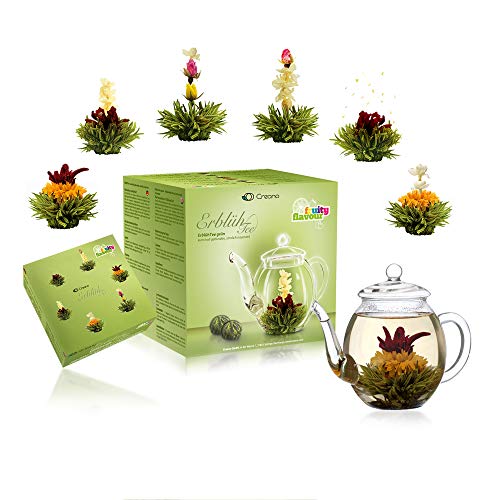 Creano Juego de regalo de té de flores con jarra de cristal, té verde con aroma afrutado (6 variedades), té Blooming Tea, regalo para mujeres, madres y amantes del té.