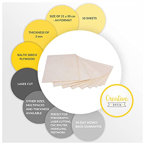 Creative DECO 10 x A4 Tablero Madera Contrachapado | 300 x 210 x 3 mm (+/- 0.5mm) | Manualidades Chapa Maciza Abedul para Bricolaje | Ideal para Pirograbado, Corte por Laser, CNC Router, Modelado