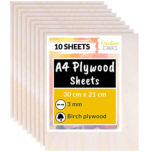 Creative DECO 10 x A4 Tablero Madera Contrachapado | 300 x 210 x 3 mm (+/- 0.5mm) | Manualidades Chapa Maciza Abedul para Bricolaje | Ideal para Pirograbado, Corte por Laser, CNC Router, Modelado