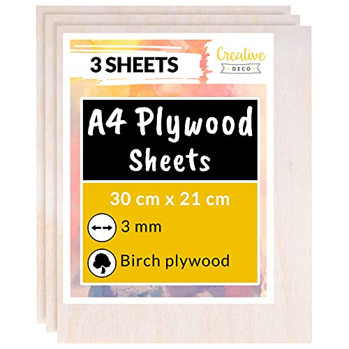 Creative DECO 3 x A4 Tablero Madera Contrachapado | 300 x 210 x 3 mm (+/- 0.5mm) | Manualidades Chapa Maciza Abedul para Bricolaje | Ideal para Pirograbado, Corte por Laser, CNC Router, Modelado