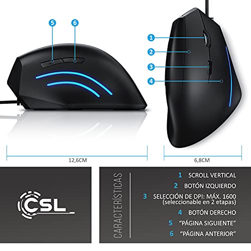 CSL - Ratón óptico Forma Vertical - Diseño ergonómico - Prevención de Codo de tenista Enfermedad del ratón síndrome RSI - Protege Especialmente el Brazo - 6 Botones