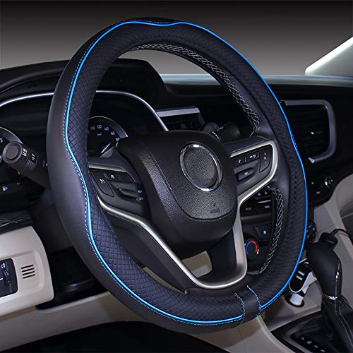 Cubierta de volante de cuero de microfibra para automóvil 15 pulgadas (negro azul)