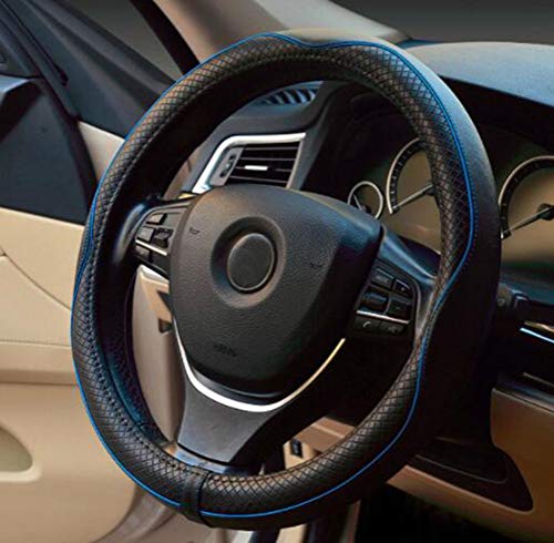 Cubierta de volante de cuero de microfibra para automóvil 15 pulgadas (negro azul)