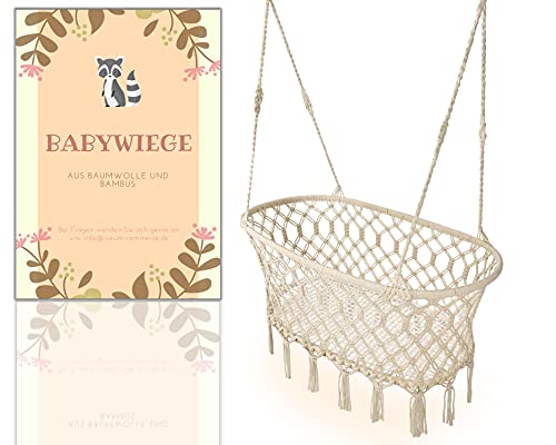 Cuna de plumas para bebé [hecha a mano] – Cuna de bambú y algodón natural – Hamaca para bebé en estilo macramé – Cuna para colgar en estructura o manta – Cuna de bebé para un sueño tranquilo (NATUR)