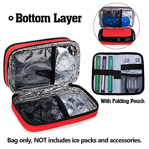 CURMIO Bolsa Insulina, Doble Capa Bolsa de Viaje para Insulina, Estuche de Insulina, Bolsa de Diabetico con Bolsillos Desmontables para Bolígrafos de Insulina, Bolsa de Hielo,Rojo (Sola Bolsa)