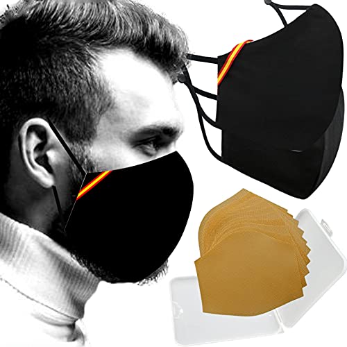 Cussi Mascarillas de Tela Colores Reutilizable Lavable, Pack de 2 Mascarillas Color Negro Bandera España 100% Algodón Higiénica Homologada Certificada BFE 99% Filtros Extra 1x Estuche para Mascarilla