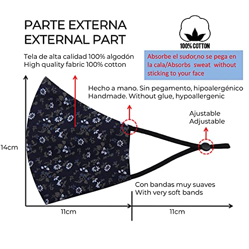 Cussi Mascarillas de Tela Colores Reutilizable Lavable, Pack de 2 Mascarillas Flores Azul y Negro 100% Algodón Higiénica Homologada Certificada BFE 99% Filtros Extra 1x Estuche para Mascarilla