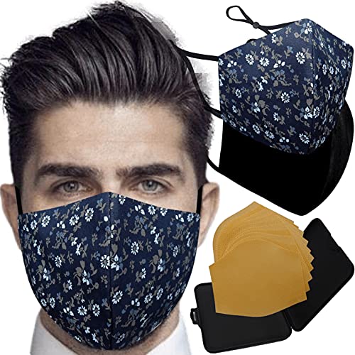 Cussi Mascarillas de Tela Colores Reutilizable Lavable, Pack de 2 Mascarillas Flores Azul y Negro 100% Algodón Higiénica Homologada Certificada BFE 99% Filtros Extra 1x Estuche para Mascarilla