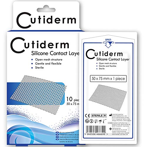 Cutiderm - Juego de 10 capas de contacto de silicona para heridas, 50 mm x 75 mm para desgarros de la piel, cicatrices, heridas quirúrgicas, úlceras y quemaduras