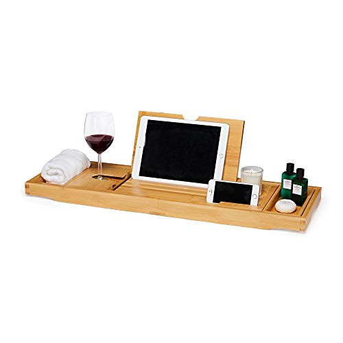 Deep Calm Bandeja de Baño - Tabla Extensible de Bambú para Bañera - Ajustable Antideslizante, se Adapta a la Mayoría de las Bañeras - Accesorio de Baño de Lujo para Libro, iPad, Teléfono, Vidrio, Vela