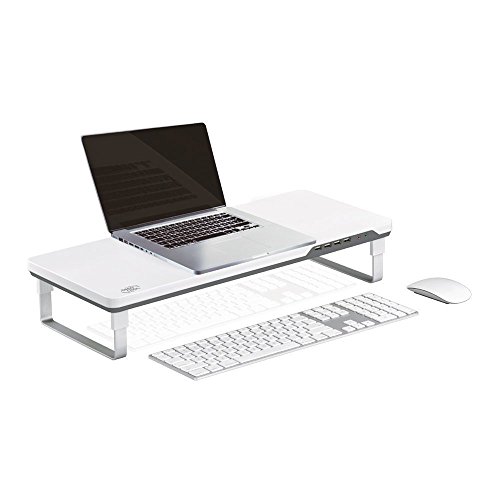 DEEP COOL MDESK-F1 Soporte para Monitor PC , Elevador Monitor para Ordenador/ Portátil con 4 Puertos USB y Audio(HD)/Mic, Color Gris y Blanco