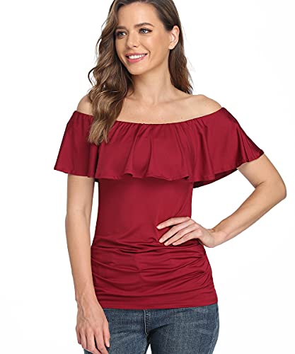 Dilgul Blusa Mujer Camiseta Elegante Verano Volante Plisado Fuera del Hombro Blusas Rojo Medium