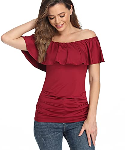 Dilgul Blusa Mujer Camiseta Elegante Verano Volante Plisado Fuera del Hombro Blusas Rojo Medium