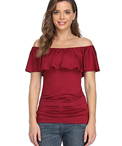 Dilgul Blusa Mujer Camiseta Elegante Verano Volante Plisado Fuera del Hombro Blusas Rojo Medium