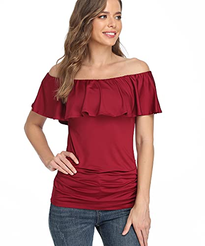 Dilgul Blusa Mujer Camiseta Elegante Verano Volante Plisado Fuera del Hombro Blusas Rojo Medium