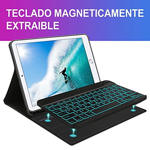 DINGRICH Funda Teclado para iPad 10.2/8 Generacion 2020/7 Generacion 2019/iPad Pro 10.5 2017/Air 3, Español Ñ 7 Colores Retroiluminados Bluetooth Inalámbrico Teclado Desmontable con Portalápiz Negro