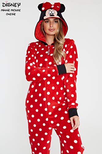 Disney Minnie Mouse Pijamas Mujer de Una Pieza, Pijama Mujer Invierno con Capucha, Pijama Entero Mujer Forro Polar, Regalos para Mujer y Adolescente Talla S-XL (Rojo, M)