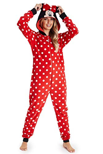 Disney Minnie Mouse Pijamas Mujer de Una Pieza, Pijama Mujer Invierno con Capucha, Pijama Entero Mujer Forro Polar, Regalos para Mujer y Adolescente Talla S-XL (Rojo, M)