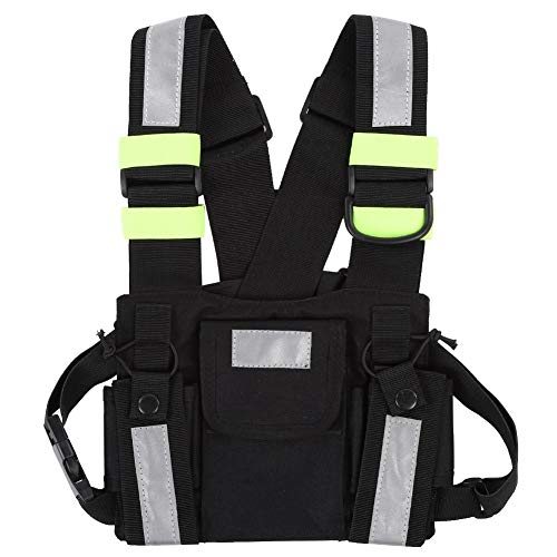 Diyeeni Bolso de Pecho con arnés de Radio bidireccional con Tiras Reflectantes Fluorescentes, Equipo de Pecho con Chaleco de Nylon con Bolsillos Frontales Bolso con Cremallera