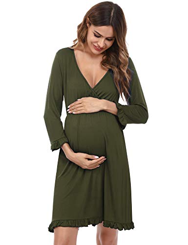 Doaraha Camisón Lactancia Algodón Mujer Ropa de Dormir Premamá Hospital Vestido de Maternidad Embarazo Pijama Embarazadas Camisones Embarazada Manga Corta 3/4 Suave (A# Verde - Manga 3/4, S)