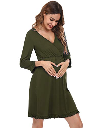 Doaraha Camisón Lactancia Algodón Mujer Ropa de Dormir Premamá Hospital Vestido de Maternidad Embarazo Pijama Embarazadas Camisones Embarazada Manga Corta 3/4 Suave (A# Verde - Manga 3/4, S)